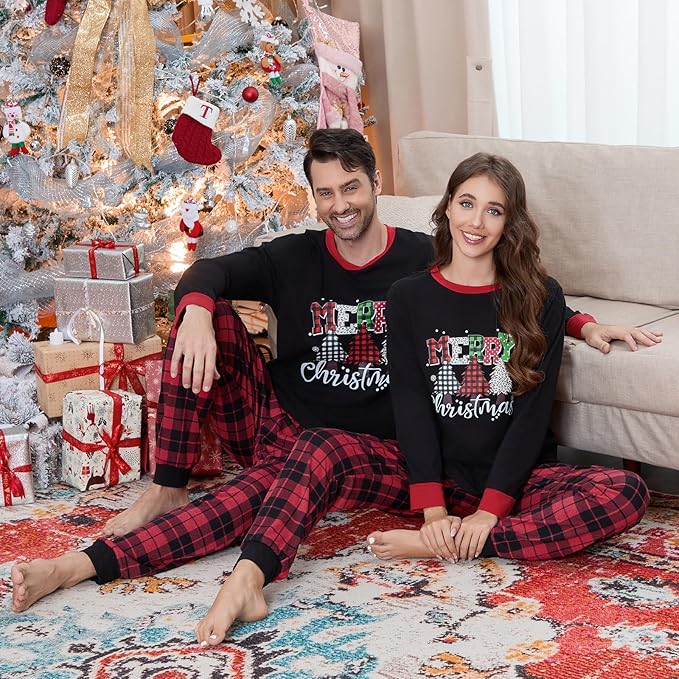 Christmas Family Pajamas Set Matching Holiday Plaid Sleepwear Set Reindeer/Tree Print Loungewear for Xmas Eve