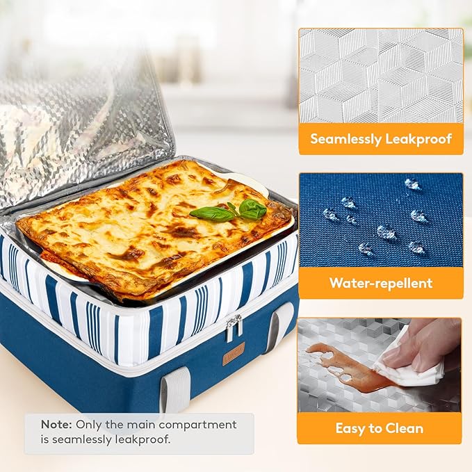 LUNCIA Insulated Double Decker Casserole Carrier, Lasagna Lugger Tote Keeps Food Hot or Cold, Thermal Lunch Bag for Potluck Parties, Picnic and Cookouts, Fits 9" x 13" Baking Dish, Blue