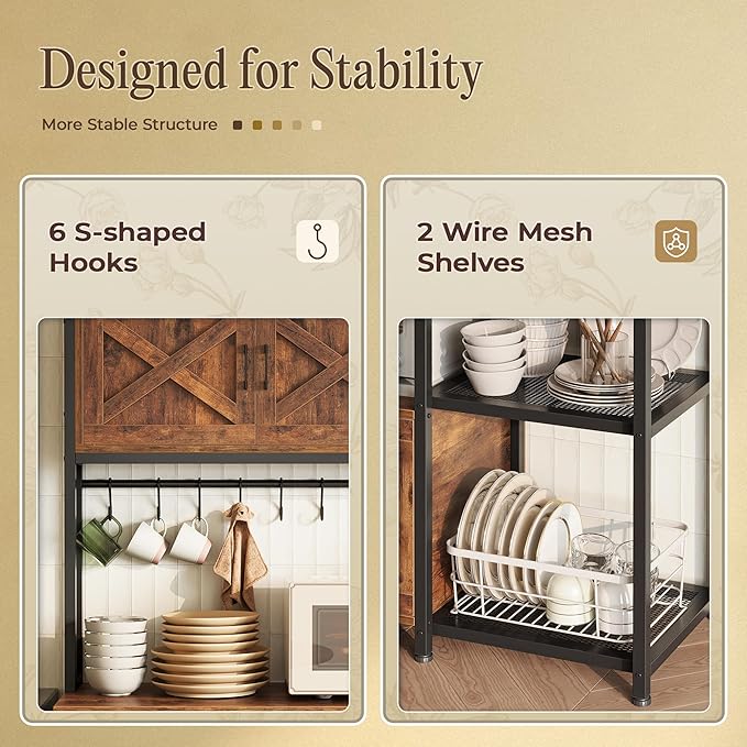 Huuger Large Bakers Rack with Power Outlet, Kitchen Microwave Stand with Cabinets, Coffee Bar Table Station with Storage, 6 S-Shaped Hooks, Mesh Shelves, 45 Inch Wooden Top, Rustic Brown