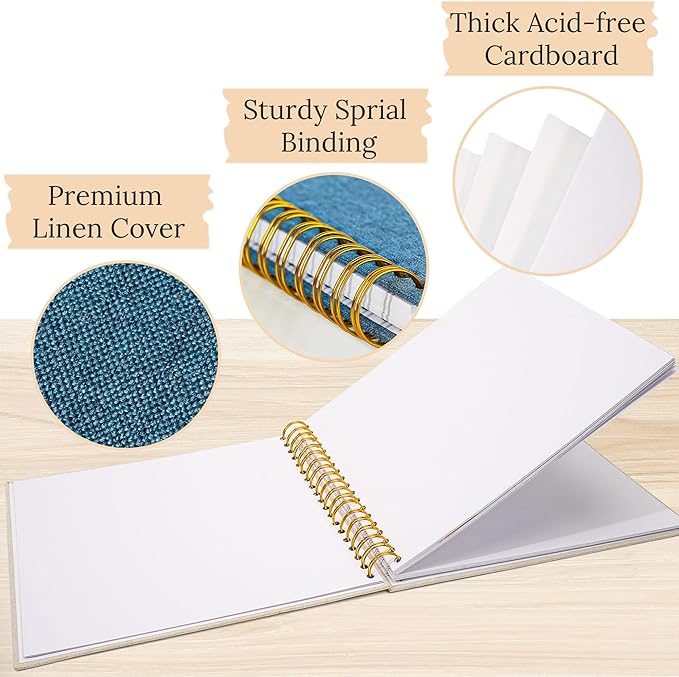 Scrapbook Photo Album Linen Cover, 12 x 12 Inch Hardcover Kraft White Pages Memory Book, for Travel Wedding Guest Book Christmas Baby Shower (40 Sheets/ 80 Pages,Blue)