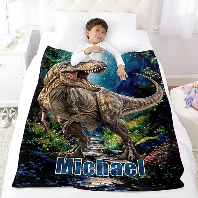 Custom Boy Blanket with Dinosaur - Personalized Throw Blanket Gift for Boys Kids Adults (Dinosaur Design)