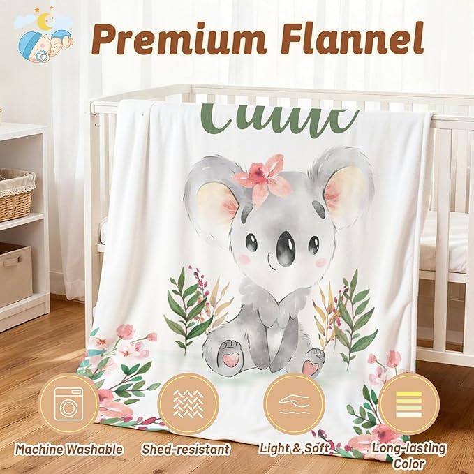 Personalized Baby Blanket with Name, Customized Soft Animals Flannel Blankets for Newborn Boys Girls and Toddlers, for New Mom, Infant Birthday Gift, Koala-2