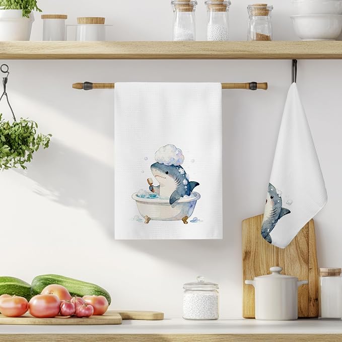 Funny Shark Bathroom Hand Towels, Shark Lover Gifts, Humor Bathing Sharks Animal Decorative Hand Towels for Bathroom Washroom Restroom, 16x24 Inch Set of 3