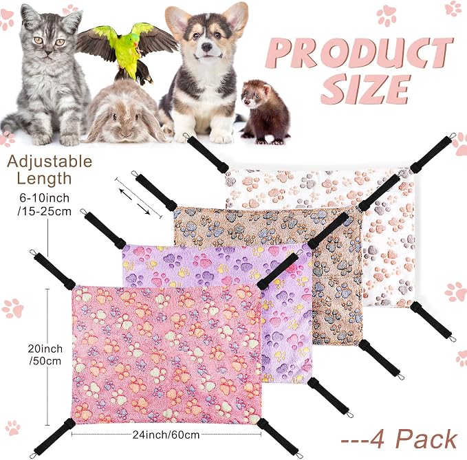 Geelin 4 Pcs Cat Hammock Hanging for Cage Bed, Paw, 20 x 24 Inch | Reversible Soft Pet Sleeping Hammocks with Adjustable Strap, Metal Hook, for Cat, Ferret, Puppy, Rabbit, Kitten, Small Animal