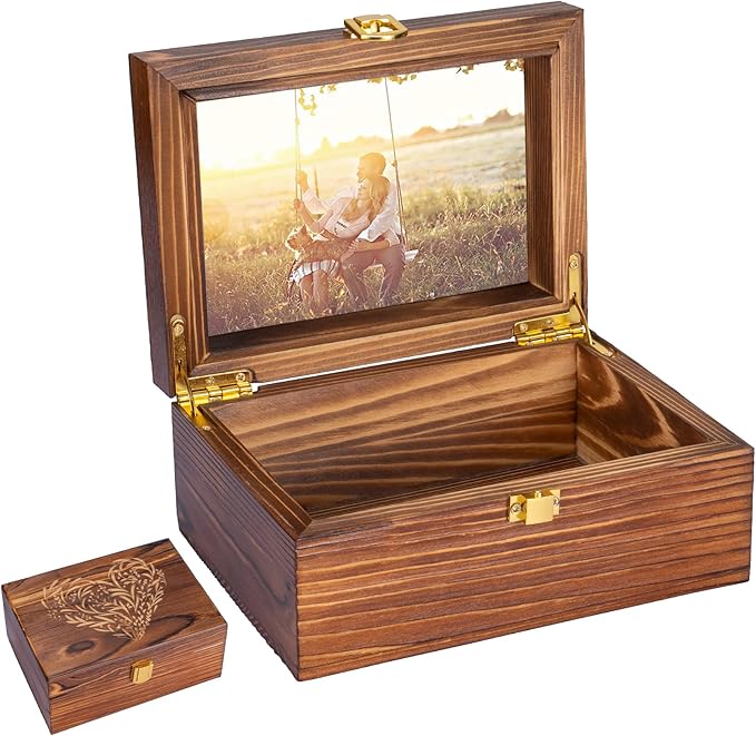 Small Wooden Memory Keepsake Boxes With Hinged Lids and a photo frame inside the lid - Decorative Storage Box With a Hinge Lids For Picture Letter Time Capsule - Wooden Gift Boxes，3.1“*5.1”*7.1“ Carbo