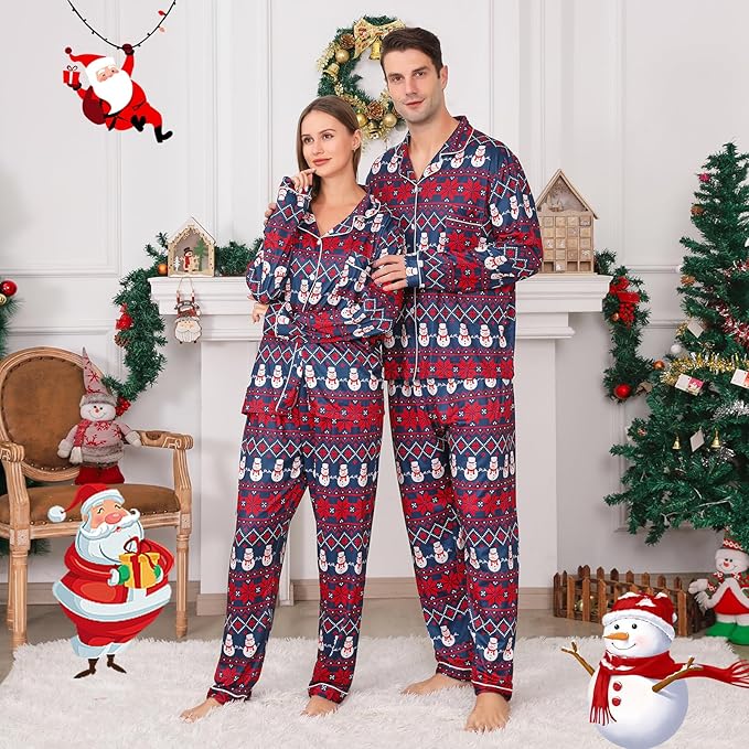ANGELGGH Family Christmas PJs Matching Sets 2 Pcs Festival Party Pajamas Holiday Warm Sleepwear Couples Button Loungewear