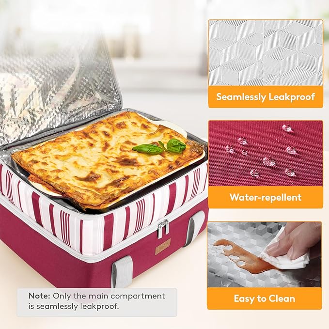 LUNCIA Insulated Double Decker Casserole Carrier, Lasagna Lugger Tote Keeps Food Hot or Cold, Thermal Lunch Bag for Potluck Parties, Picnic and Cookouts, Fits 9" x 13" Baking Dish, Red