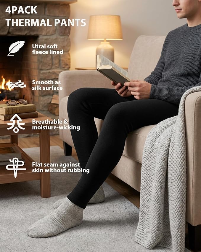 1 or 3 Pack Mens Long Johns Thermal Pants, Fleece Lined Lightweight Base Layer Bottoms, Compression Leggings Winter Gear