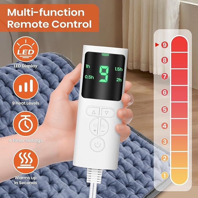 Heating Pad for Back Pain & Cramps Relief, 9 Heat Settings & 4 Timers Auto Shut Off Heating Pads, Machine Washable, Dry & Moist Heat, Soft Electric Heating Pad for Neck, Shoulder, Knee, Leg, 12''×24''