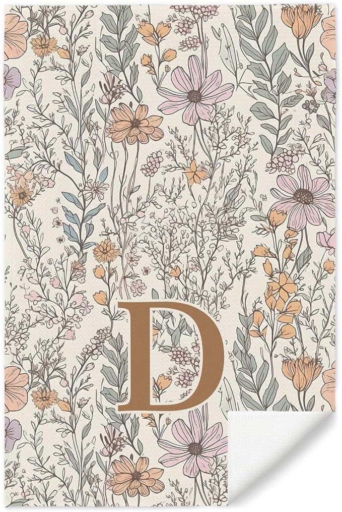 Initial D Personalized Floral Kitchen Towels Dish Towel, Custom Hand Towels for Bathroom, Monogrammed Gifts for Women Mom, Boho Floral Decorative Kitchen Towels Tea Towel, 16x24 Inch