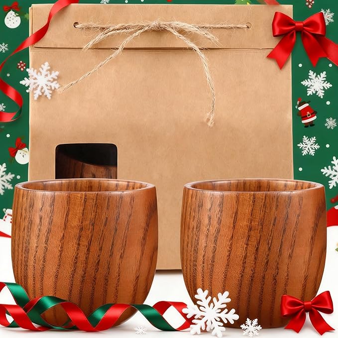 Yinder 2 Pcs Wooden Whiskey Glasses, Christmas Gifts for Men, Bourbon Cup with Kraft Bag for Whiskey Sake Tea Home Bar, Christmas Anniversary Wedding Birthday Gifts, Oktoberfest Party Supplies