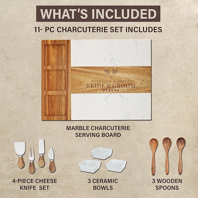 Personalized Marble Wood Charcuterie Board,Custom Laser Engraved Cheese Serving Board with Knife Set, Ceramic Bowls,Wooden Spoons,Cheese Platter,Serving Tray,Cutting Board,Charcuterie Boards Gift Set
