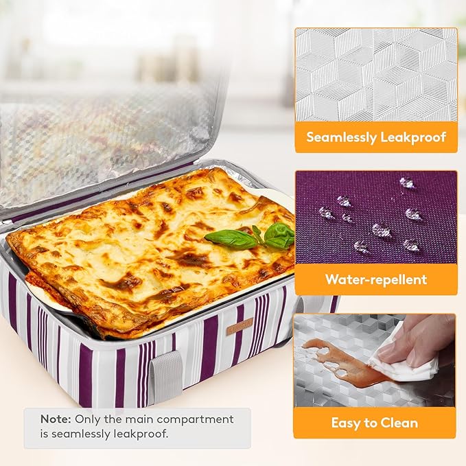 LUNCIA Insulated Single Decker Casserole Carrier, Lasagna Lugger Tote Keeps Food Hot or Cold, Thermal Lunch Bag for Potluck Parties, Picnic and Cookouts, Fits 9" x 13" Baking Dish, Purple