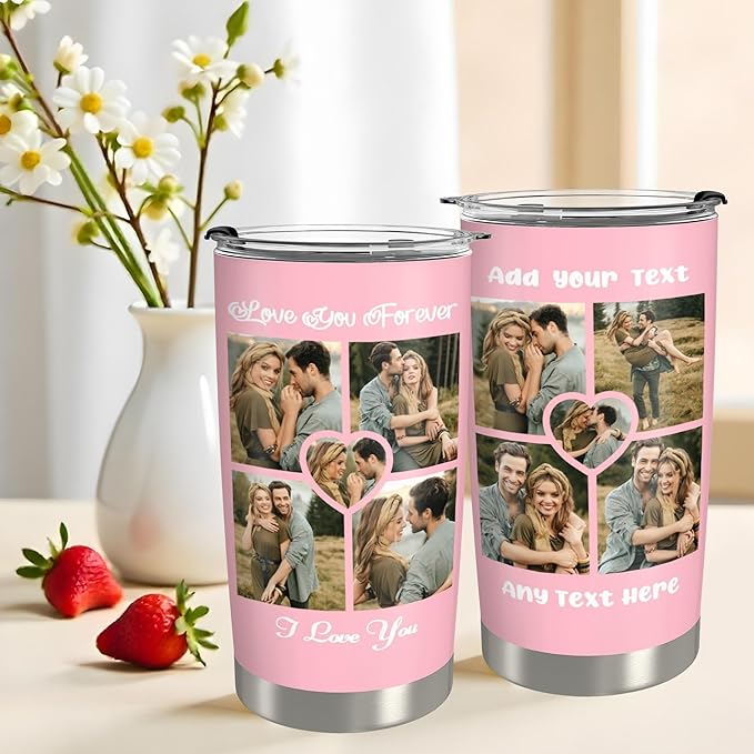 Personalized Tumbler Custom Vacuum Insulated Travel Mug Customizable Coffee Cup with Your Photos and Text Christmas Birthday Gift (Ten Photos+Text)