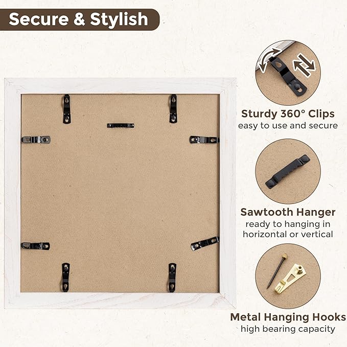 Fun Memories 12x12 Picture Frame, Square Photo Frame 12"x12" with Tempered Glass, 12 x 12 Frames with Mat for 8x8, Solid Elm Wood Photo Frame, 12x12 Rustic Picture Frame for Wall Decor, White, 1 Pack