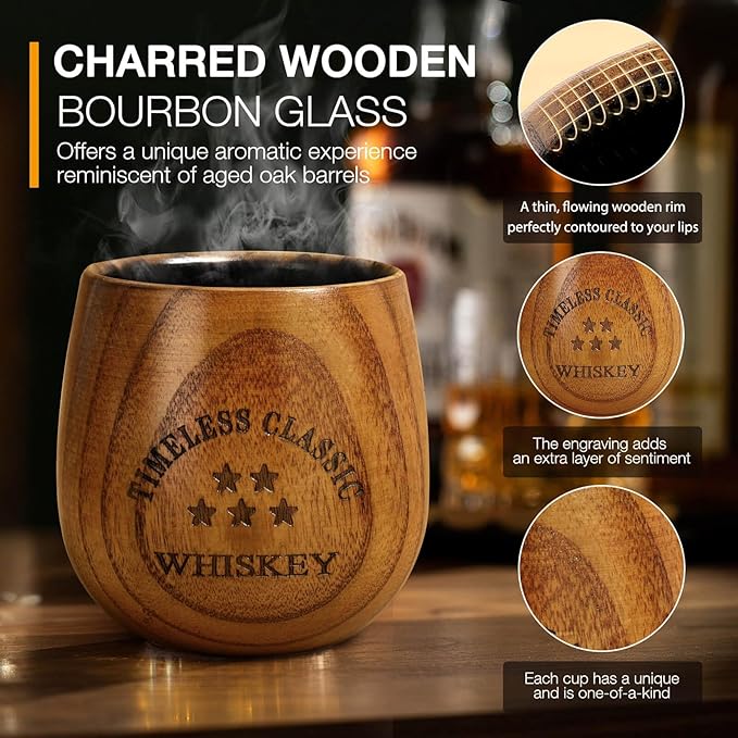 SALUNA Wooden Whiskey Glass Set - Charred Wooden Bourbon Drinking Glass, Whisky Glasses Bourbon Gifts for Men, Dad or Brother on Birthday Christmas Anniversary Retirement 10 OZ