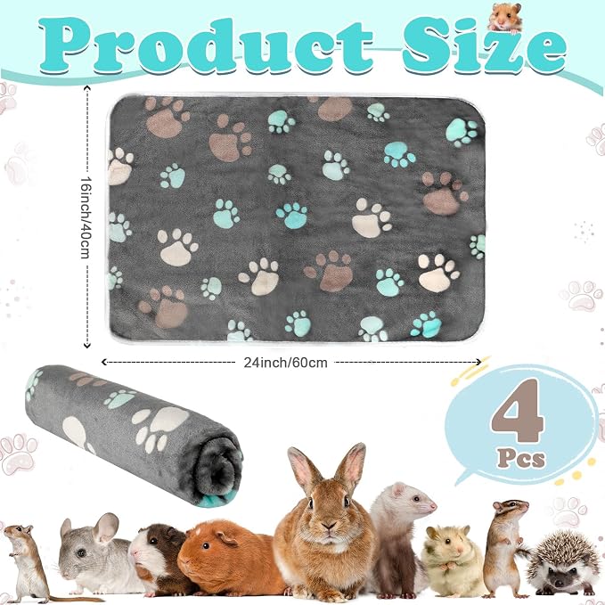 Reginary 4 Pcs Guinea Pig Fleece Blankets, Cute Paw, 24 x 16 Inch | Waterproof Washable Cage Liners, Absorbent Double Layer Bedding for Guinea Pigs, Reusable Pads for Hamsters Rabbits