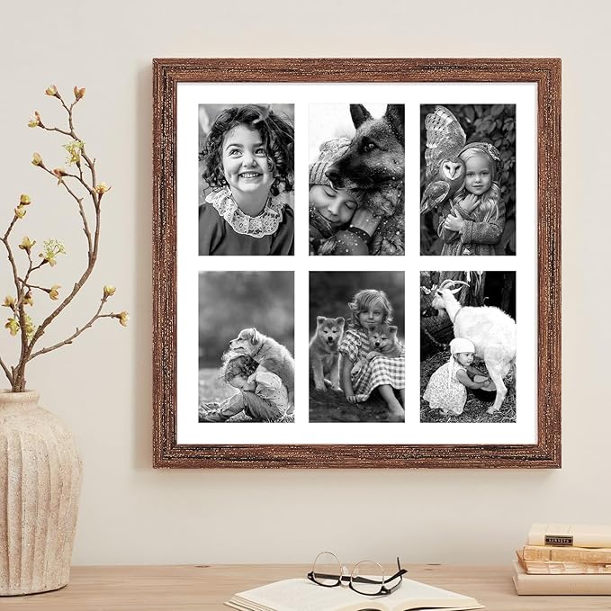 13x13 Collage frame with 6 Openings 4X6 Pictures, Multiple Picture Frame with Mat, Wall or Tabletop Decor, Carbonized Brown Wood Grain,2 Pack