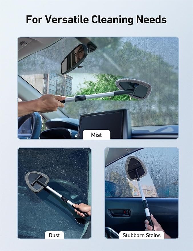 AstroAI Windshield Cleaning Tool, Car Window Cleaner Windshield Cleaner with 8 Reusable and Washable Microfiber Pads and Extendable Handle Auto Inside Glass Wiper Kit, Gray, 2 Pack