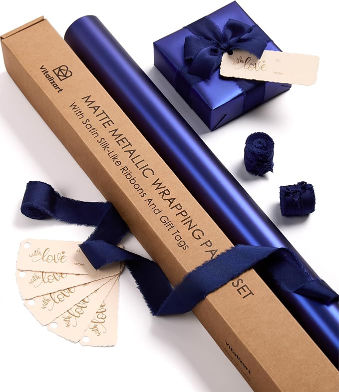 Vitalizart Blue Matte Metallic Wrapping Paper Set 30" With Silk Satin Ribbon & Gift Tags Christmas Gift Wrapping Birthday Baby Shower Wedding Bouquets Handmade Crafts 197"(16.4 Ft) Blue Ribbon