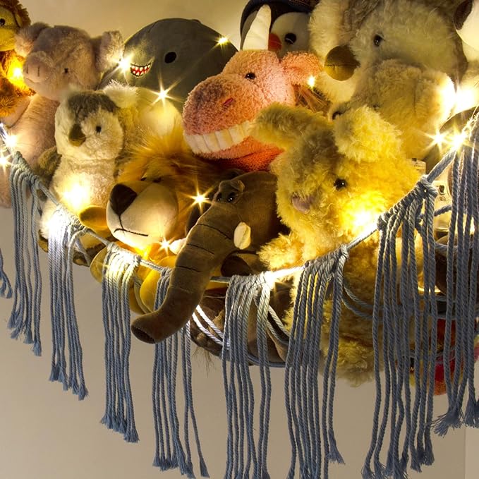 RelaxScene Stuffed Animal Hammock Corner Storage with LED Light - Bluey Room Decor for Girls - Teddy Bear Stuffy Hammock - Cute Blue Things for Bedroom - Wall Ceiling Hanging Decor