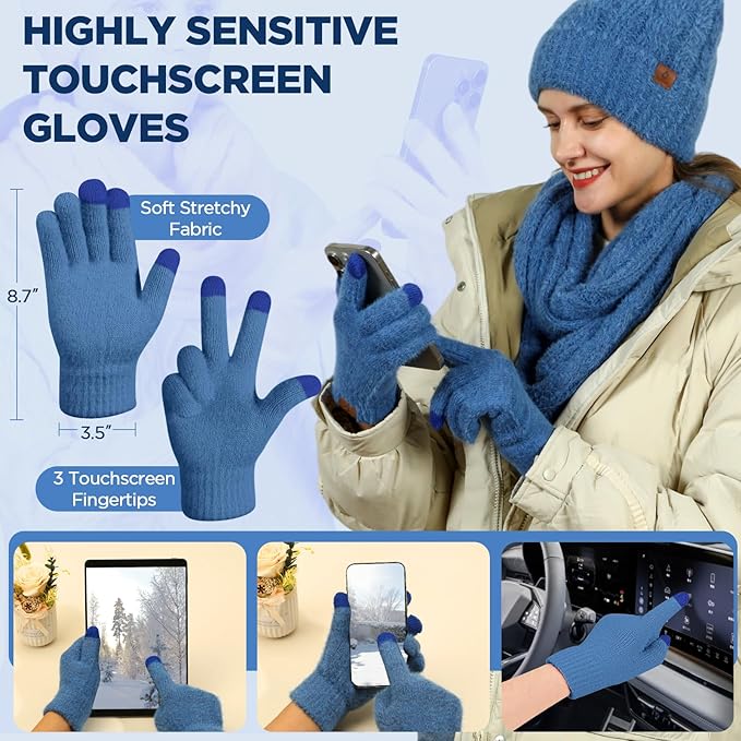 Womens Beanie Hat Infinity Scarf Touchscreen Gloves Fleece Headband 4 in 1 Winter Clothes Set Gifts for Women