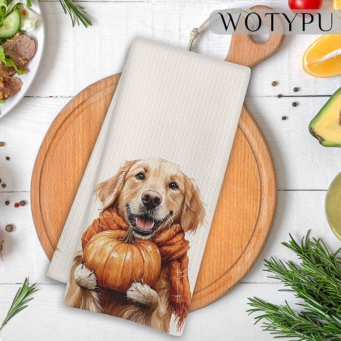 Fall Golden Retriever Gift Kitchen Towels, Golden Retriever Lovers Gifts, Farmhouse Fall Autumn Maple Leaf Dog Decorative Dish Hand Tea Towels for Bathroom Kitchen, 16x24 Inch