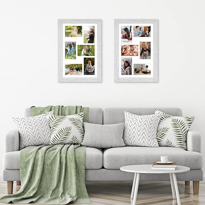 11x17 Picture Frame Display 6 picture frame collage 4x6,Multi Photo Frame with Mat,Plexiglass,Wall Mount Decor,Distressed White Wood Grain