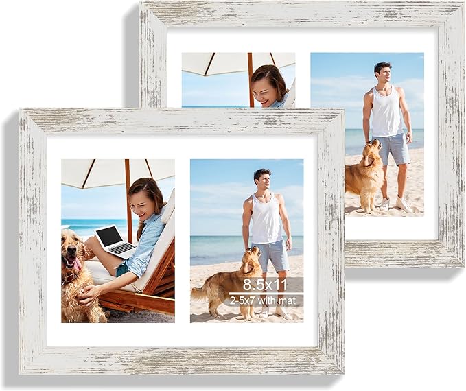 8.5x11 Picture Frame Set of 2, Distressed White Certificate Document Frames with Glass Collage Frame, Display Pictures Two 5x7 With Mat or 8.5 x 11 Without Mat, Photo Frames Wall Gallery