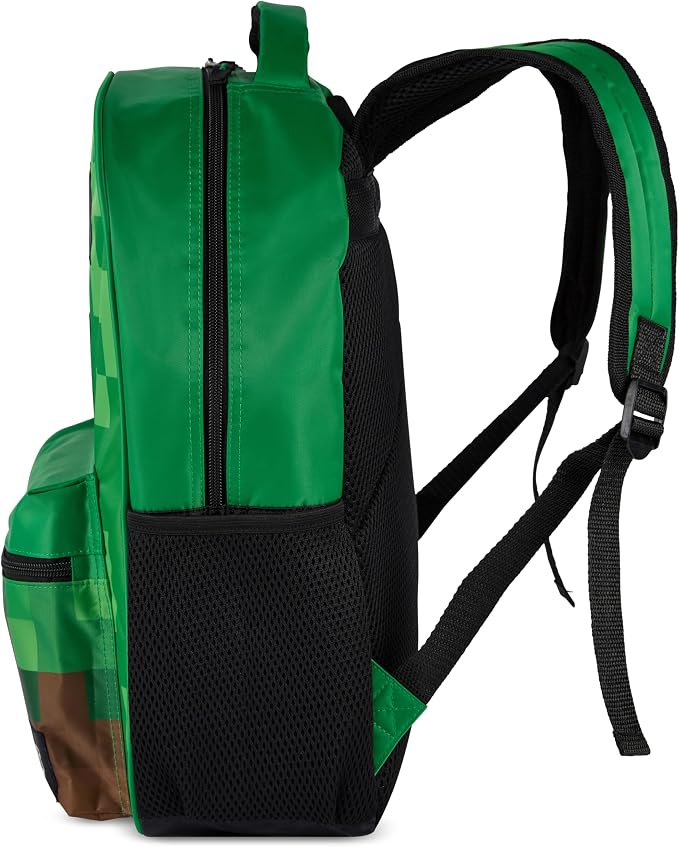 AI ACCESSORY INNOVATIONS Minecraft Backpack for Boys & Girls, Big Face Creeper School Bag with Front Pocket, TNT Rubber Molded Dangle, Green
