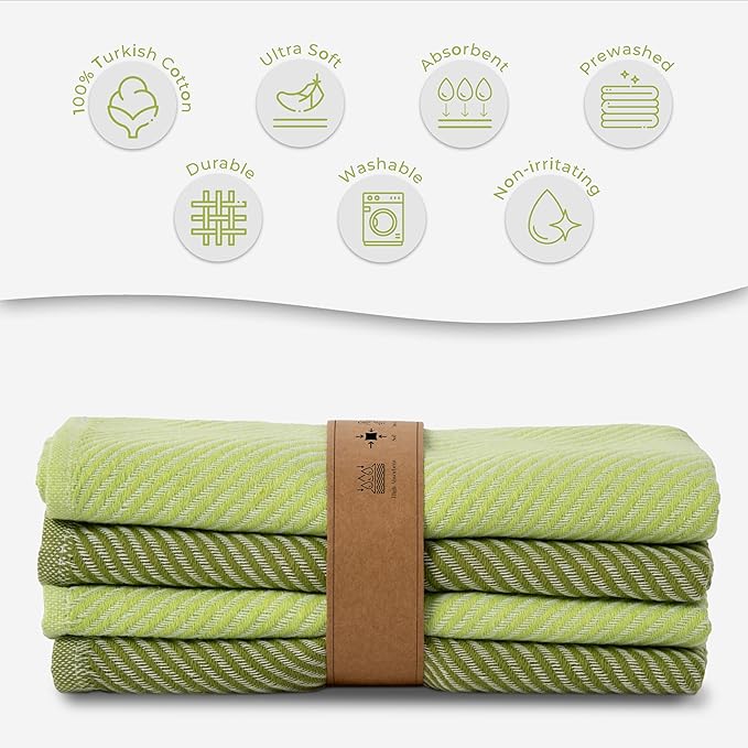 Kitchen Hand Towels - 4 Pack, (20" x 30") - Extra Soft & Striped - Versatile as, Flour Sack Towels, Kitchen Tea Towel, Dish Drying Towels, Soft Dish Cloths, Sage and Bright Green