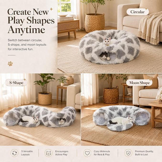 Warm Fluffy Plush Cat Tunnel Bed with Washable Cushion- Big Tube Playground Toys 3 FT Diameter Collapsible, for Indoor Cat Kitty Kitten Puppy Rabbit Ferret Gray-White Diamond Pattern