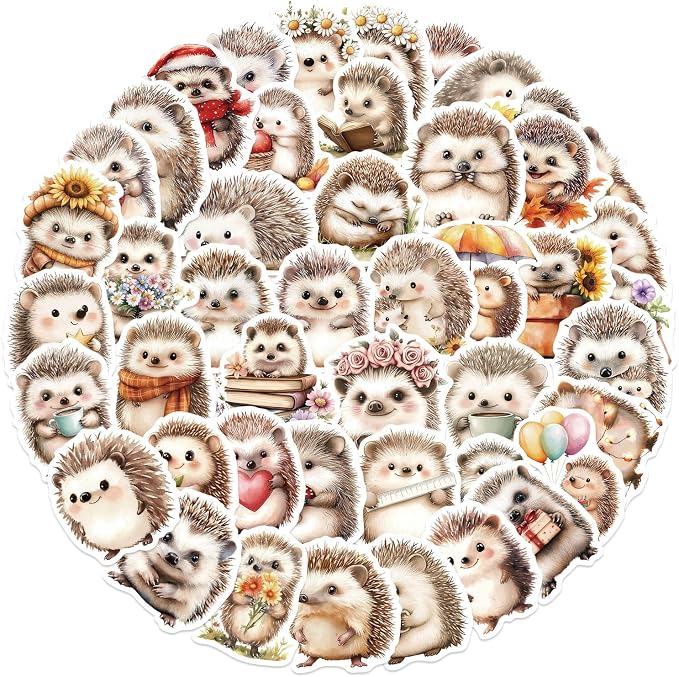 50Pcs Hedgehog Sticker, Cute Animal Stickers for Kids Teens Adults, Vinyl Cartoon Animals Decals Kawaii Hedgehogs Sticker for Decor Water Bottles Laptops Guitar Scrapbook (Hedgehog)
