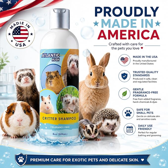 Critter Shampoo for Small Pets -Small Animal Fragrance & Detergent Free Shampoo - Sensitive Skin Shampoo for Ferrets, Guinea Pigs, Rabbits, Hedgehogs, Hamsters & Sugar Gliders (8 oz Fragrance Free)