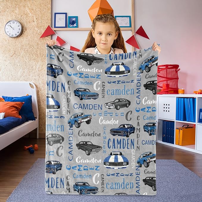 Custom Car Blanket With Name for Boys, Personalized for Kids, Soft Flannel Toddler Customized Gift for Birthday Christmas Baby Shower Children Day 40x50in