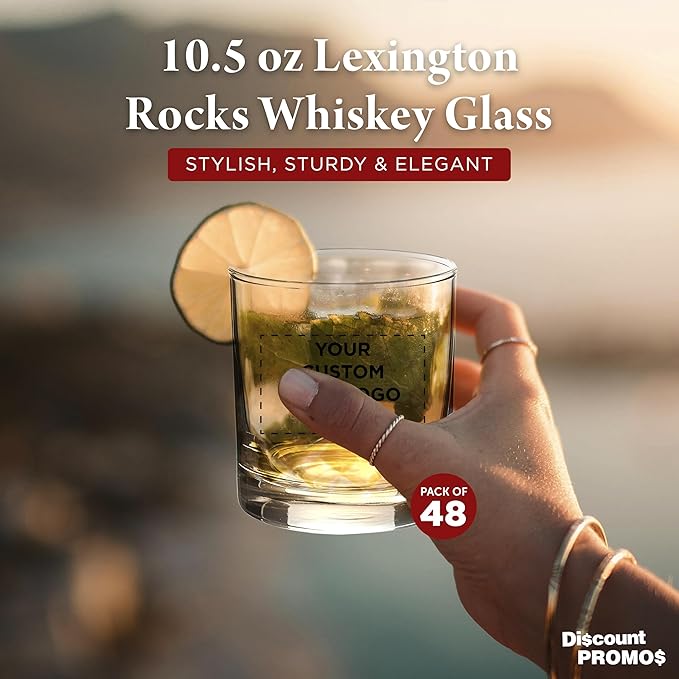 Custom Lexington Rocks Whiskey Glass 10.5 oz, Set of 48, Personalized Bulk Pack - Perfect for Scotch, Bourbon, Whiskey, Cocktail - Clear