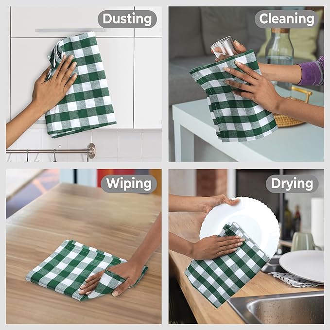 Urban Villa Kitchen Towels Set of 6 Buffalo Checks Hunter/White Kitchen Towels 20X30 Inches 100% Cotton Highly Absorbent Kitchen Towels Premium Quality Ultra Soft Mitered Corners Kitchen Towels
