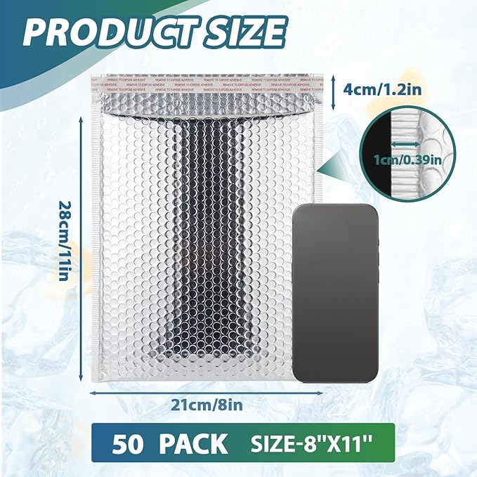 50 Pack Insulated Silver Thermal Bubble Mailers 8 x 11 in, Waterproof Metallic Foil Padded Envelopes, Self Adhesive Bubble Mailer Bags for Cold Shipping, Food, Perishables, Cosmetics