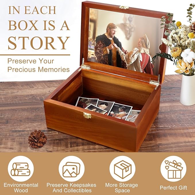 Large Wooden Keepsake Box with Hinged Lid and Photo Frame - Elegant Wedding Memory Box, Ideal for Photos, Letters, Time Capsules, Bride Gift, Love, Decorative Storage，5.5“*8.6”*11.3“