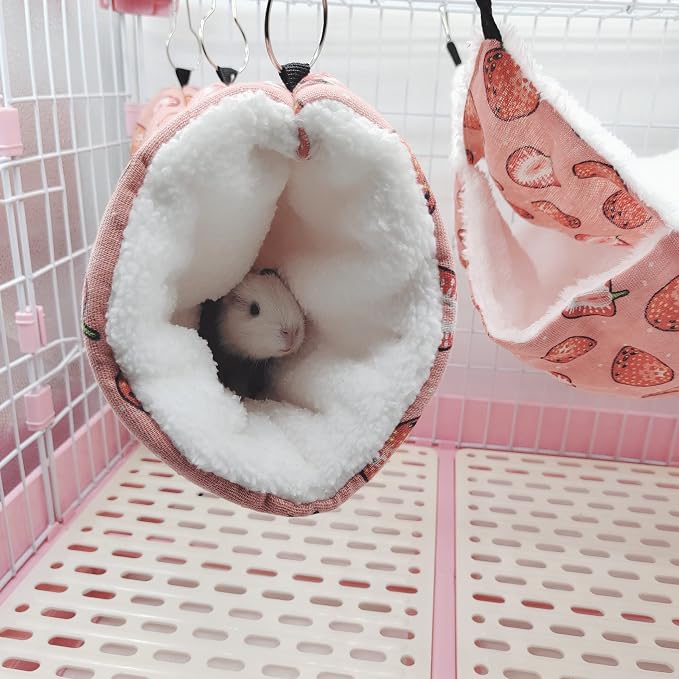 LEFTSTARER Pet Small Animal Hanging Hammock Ferret Bunkbed Hammock Cage Toy for Hamster Rat Sugar Glider Parrot Guinea Pig Hideout Play Sleep (Strawberry Hammock and Tunnel)