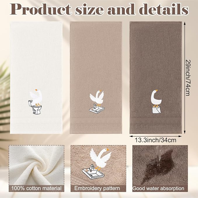 3 Pcs Silly Goose Hand Towels Geese Gifts Funny Bathroom Decor | Brown Farmhouse Decorative, 100% Cotton Embroidered Towels for Bathroom Kitchen Decor, 13.3 x 29.5''