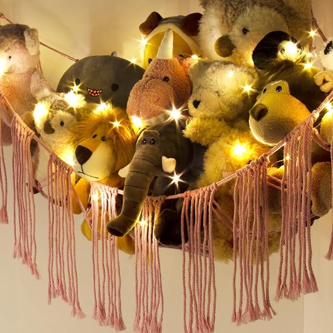 RelaxScene Stuffed Animal Storage Hammock Corner X-Large with LED Light - Baby Hammock Hanging Holder Plushies Net for Stuff Animals Organizer - Cute Room Decor Aesthetic Kids Toddler Nursery Bedroom