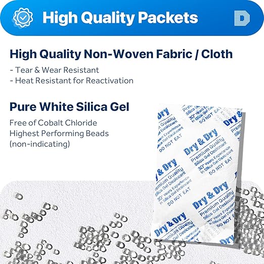 Dry & Dry 30 Gram [5 Packets] Silica Gel Packets Desiccants, Silica Packets - Rechargeable Silica Gel Packs, Moisture Absorbers, Desiccants Packets, Silica Gel