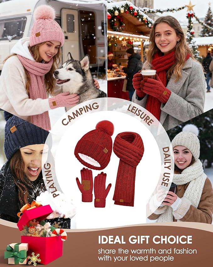 Womens Winter Beanie Hat Scarf Gloves Set, Fleece Lined Knitted Hat with Pompom Long Scarf Touchscreen Mittens for Women Men