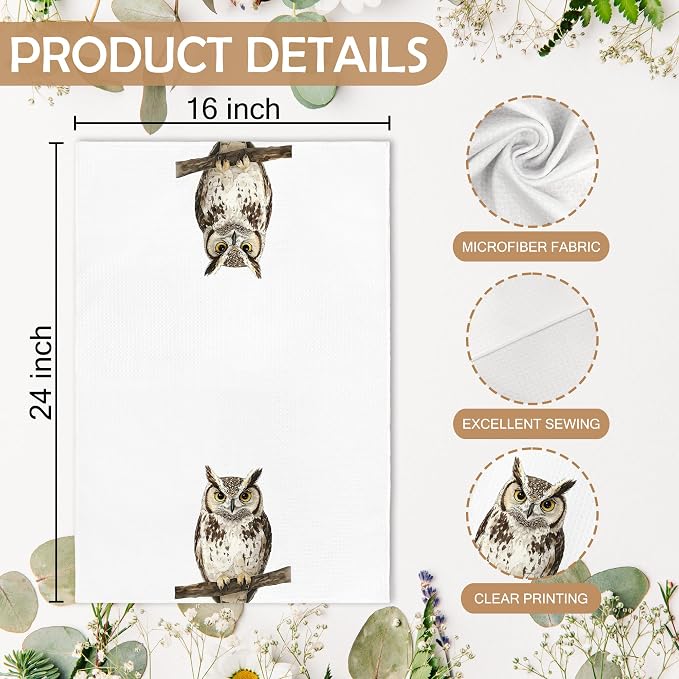 Funny Fall Owl Kitchen Towels and Dishcloths Sets of 2, Owl Home Decor Gifts for Women, Woodsy Rustic Cabin Lodge Forest Nursery Decor Dish Hand Tea Towels for Home Bathroom Kitchen,16x24Inch