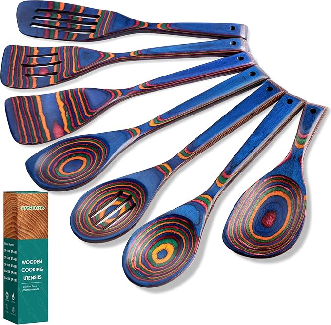 Pakkawood 7-Piece Wooden Cooking Utensil Set-Wood Kitchen Utensil Set, Wooden Spoons for Cooking, Nonstick Safe Non-Toxic Wooden Cooking Tools by HOWHONG (Spectrum Color)