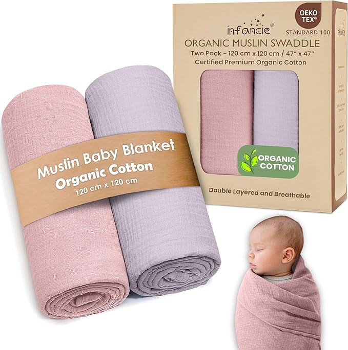 Organic Cotton Muslin Baby Blanket - 47x47 Inch Breathable Swaddle, Hypoallergenic Double-Layer, Versatile Use (Light Pink/Light Purple, 47x47 Inch)