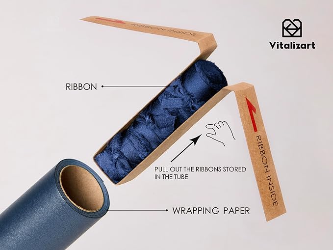 Vitalizart Blue Wrapping Paper Set 30" Pearly-Lustre With Silk Like Satin Ribbon & Gift Tags Recyclable Christmas Gift Wrapping Birthday Baby Shower Wedding Handmade Crafts 197"(16.4 Ft)