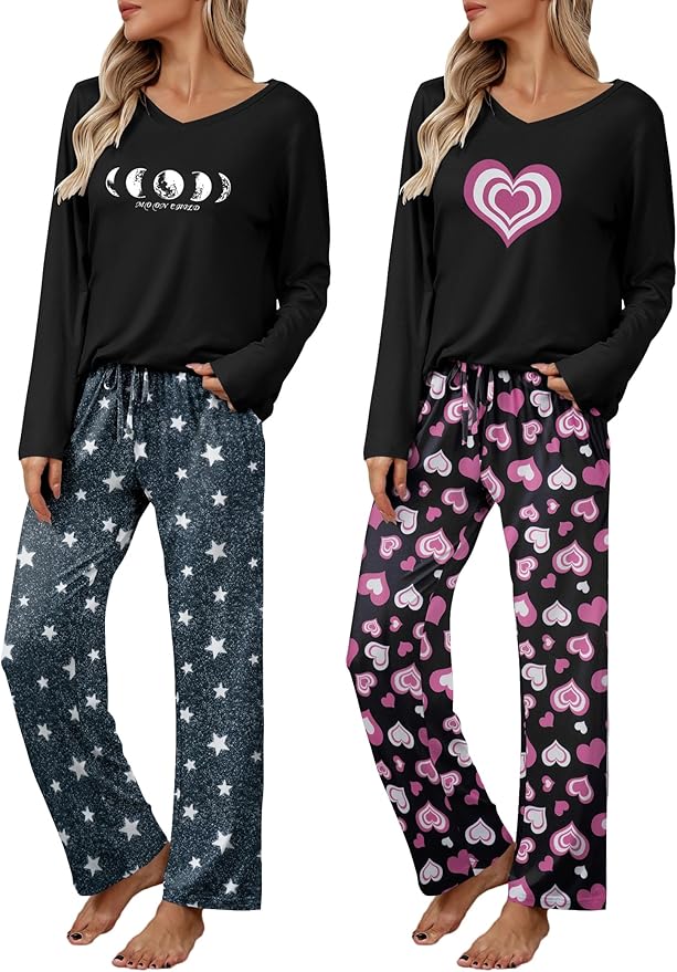 Ekouaer Womens 2 Pack Pajama Set Long Sleeve Pajamas Top and Pants V Neck Pjs Set Soft Loungewear with Pockets