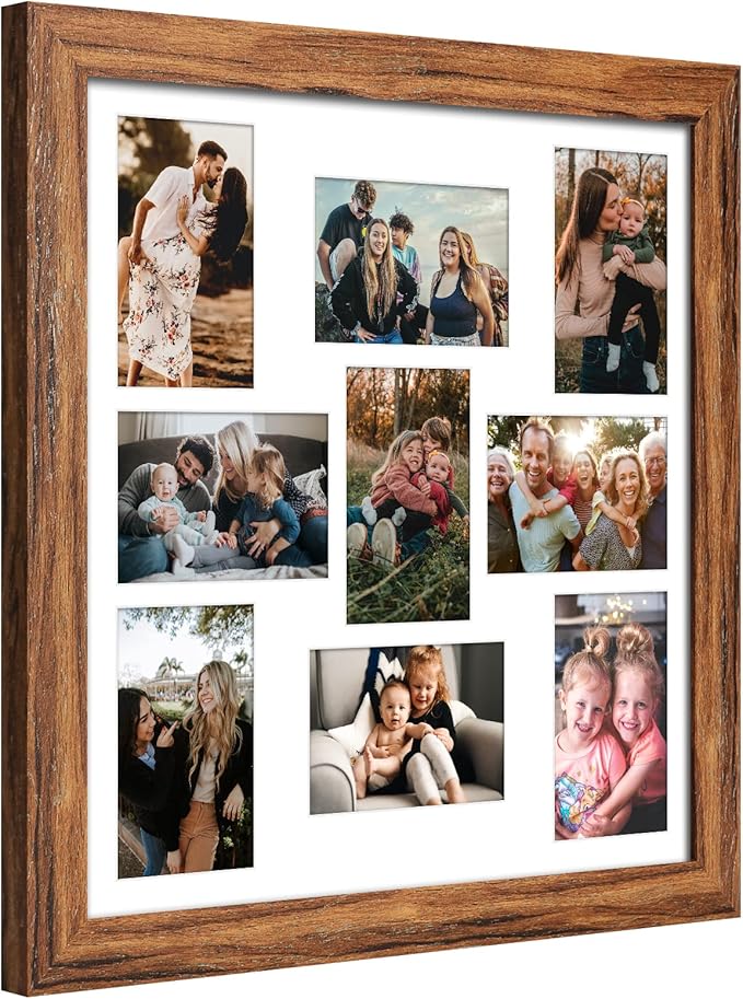 17x17 Picture Frame Display 9 opening 4X6 Picture Frame Collage,Multi Photo Frame with Mat,Plexiglass,Wall Mount Decor,Carbonized Brown Wood Grain
